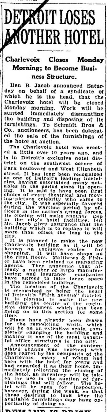 Charlevoix Hotel - Aug 1922 - Demolished (newer photo)